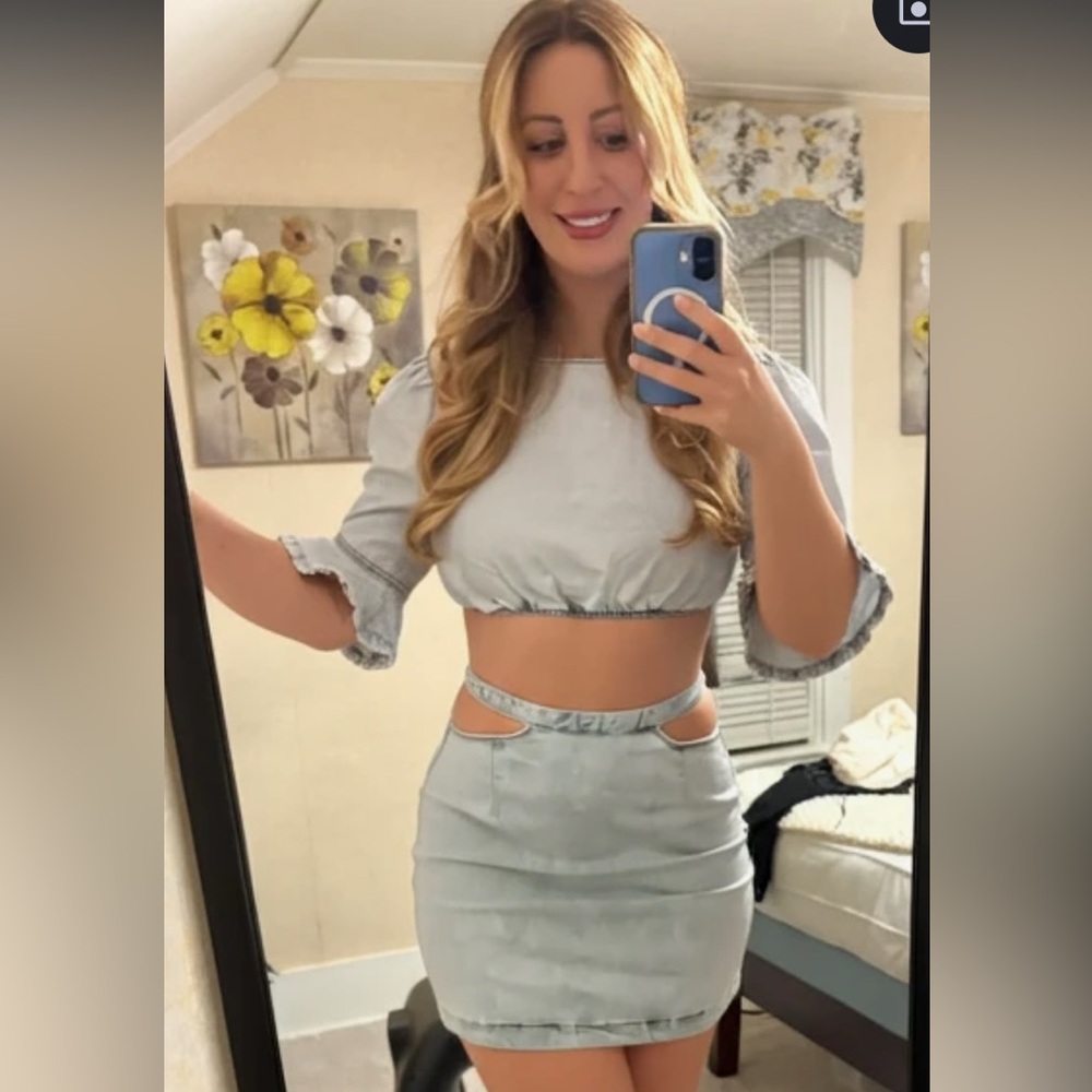 New We Wore What Matching Set Denim Cut Out Waist Mini Skirt & Crop Top Size M